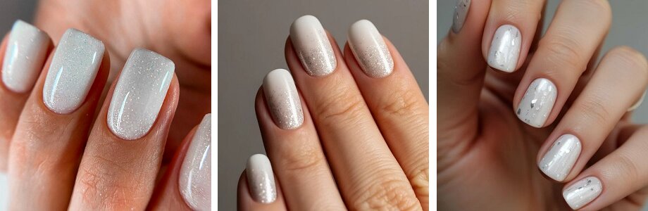 Melkachtige manicure met glitters